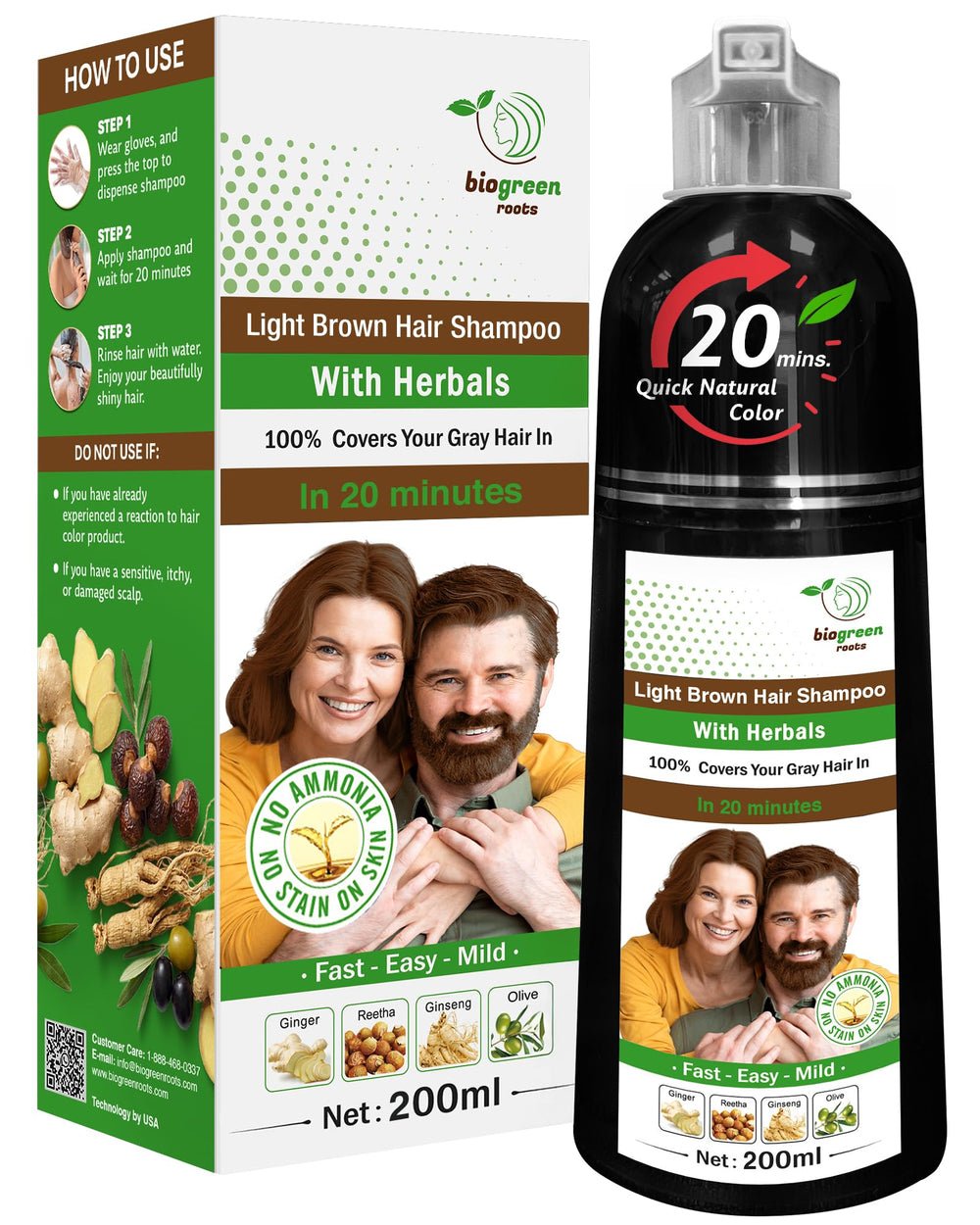 BIOGREEN ROOTS ammonia-free bottle dye shampoo for at-home color