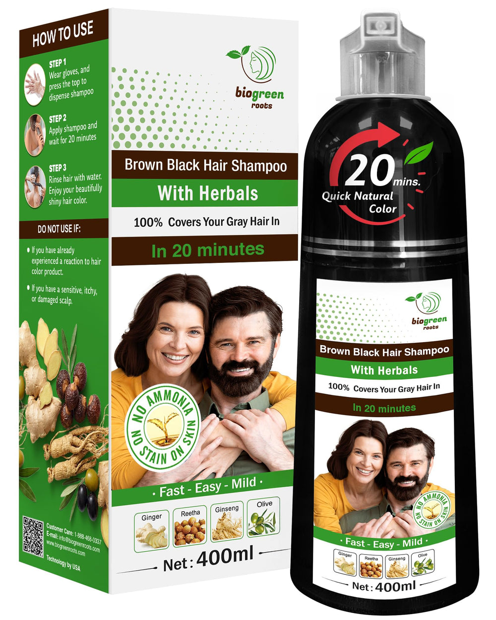 Biogreen Roots ammonia-free dye shampoo bottle for gray coverage