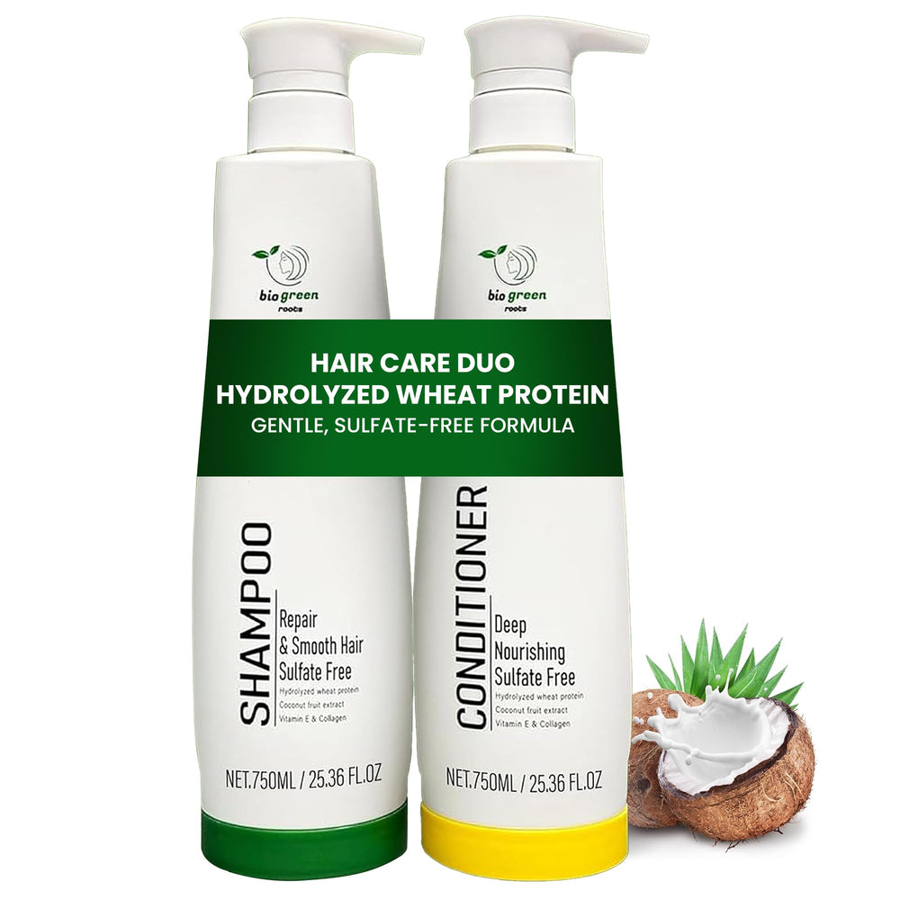 BIOGREEN ROOTS shampoo bottle pour illustrating sulfate-free cleansing for all hair types