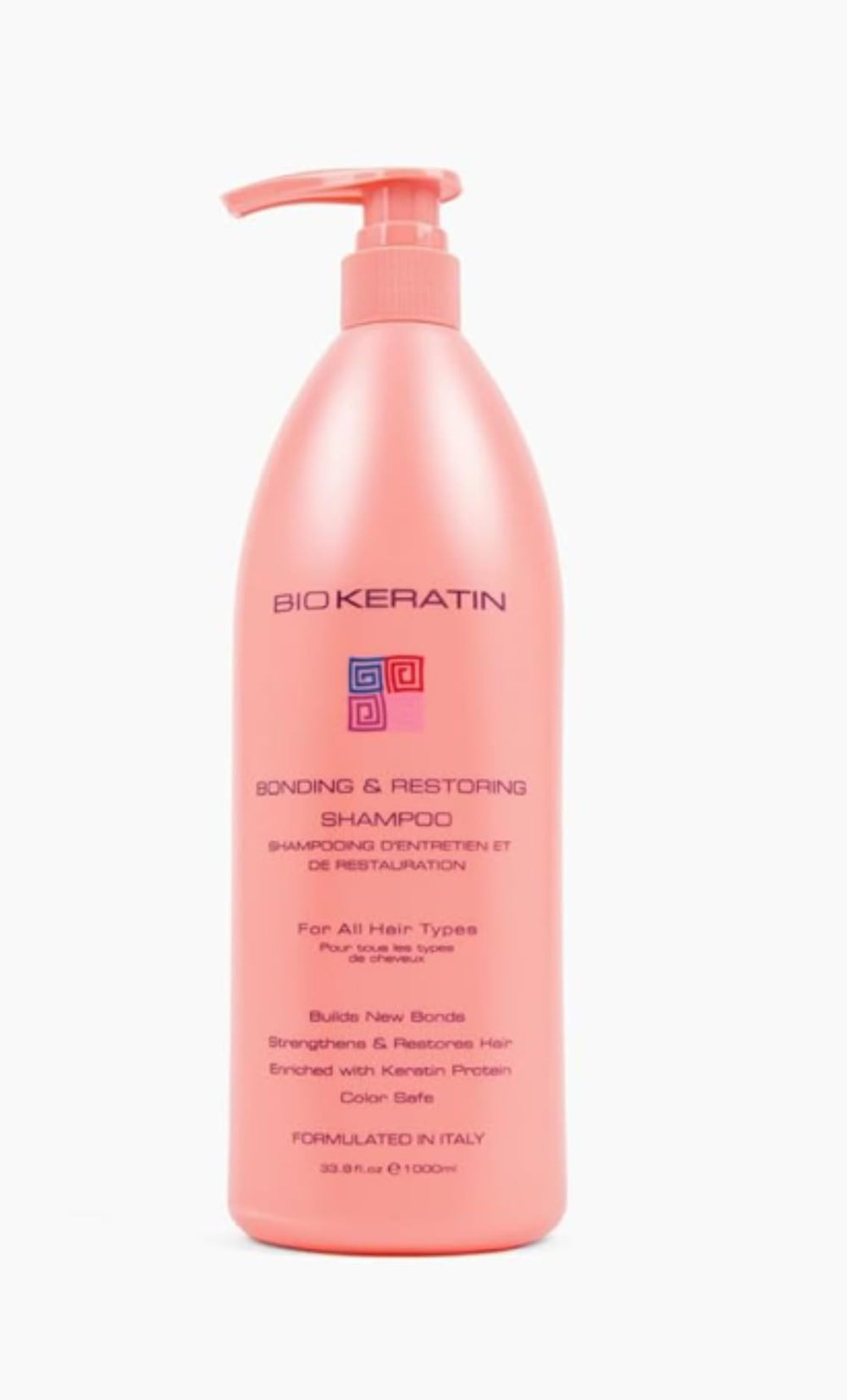 Biokeratin Bio Keratin Bonding & Restoring Shampoo bottle promotes bond repair for stronger hair
