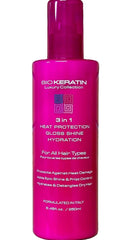 Biokeratin Luxury 3-in-1 bottle showing heat protection, shine, and hydration.