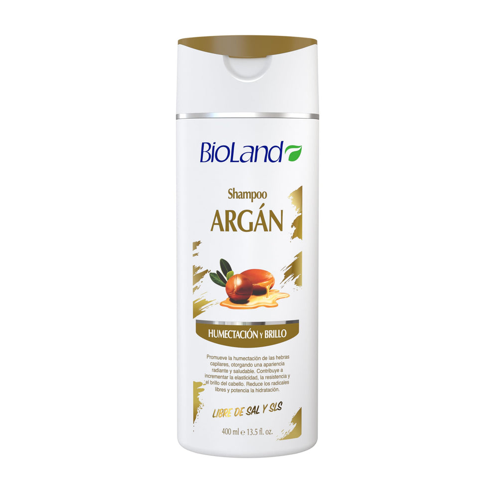 Bioland Argan Oil Shampoo bottle showcases nourishing formula for dry, treated hair.