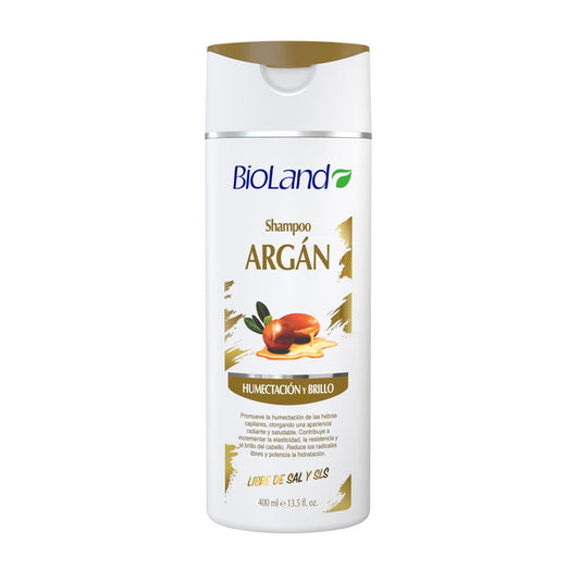 Bioland Argan Oil Shampoo bottle showcases nourishing formula for dry, treated hair.