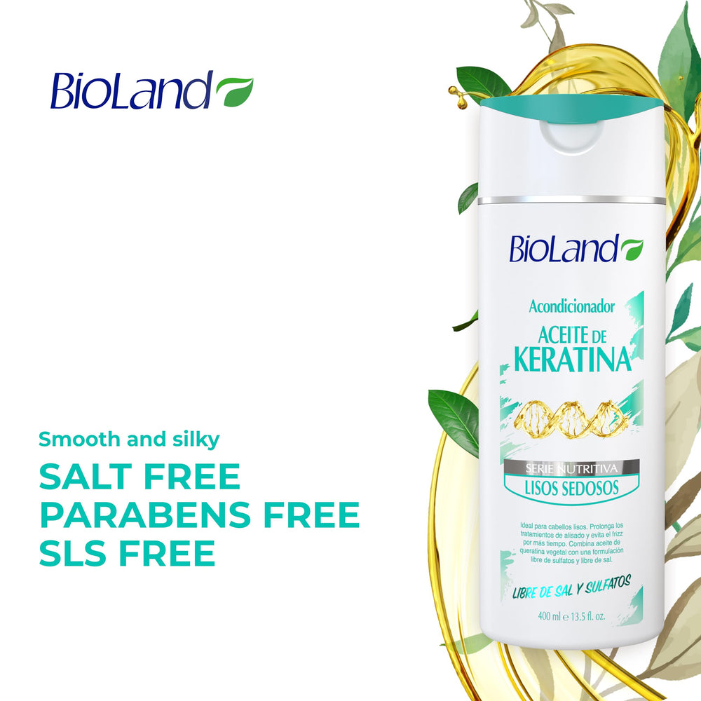 Bioland Keratin Oil Conditioner hair-application shot shows creamy texture for nourishing.