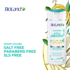 Bioland Keratin Oil Conditioner hair-application shot shows creamy texture for nourishing.