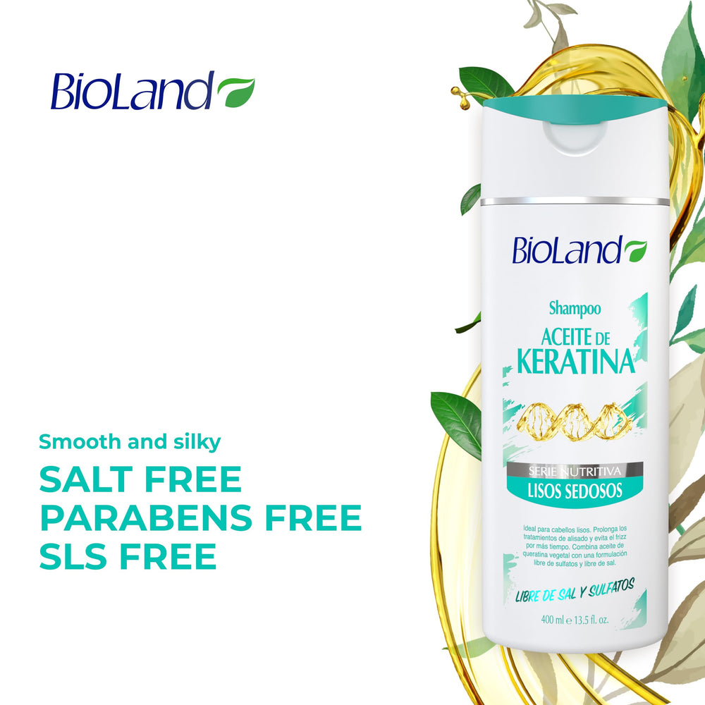 Bioland Keratin Oil Shampoo applying—massage into wet hair for smooth, frizz-control results.