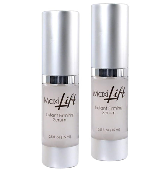 BioLogic Solutions MaxiLift Serum bottle, showcasing compact two-pack packaging for quick firming.