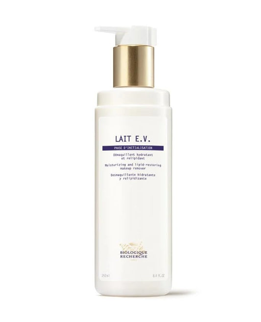 Biologique Recherche Lait E.V makeup remover bottle, gentle hydrating cleansing for very dry skin