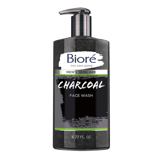 Biore Men's Charcoal Face Wash bottle showing foaming action for deep pore cleansing.
