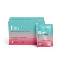 Biosil advanced hair growth formula packets show easy daily use and potential fullness