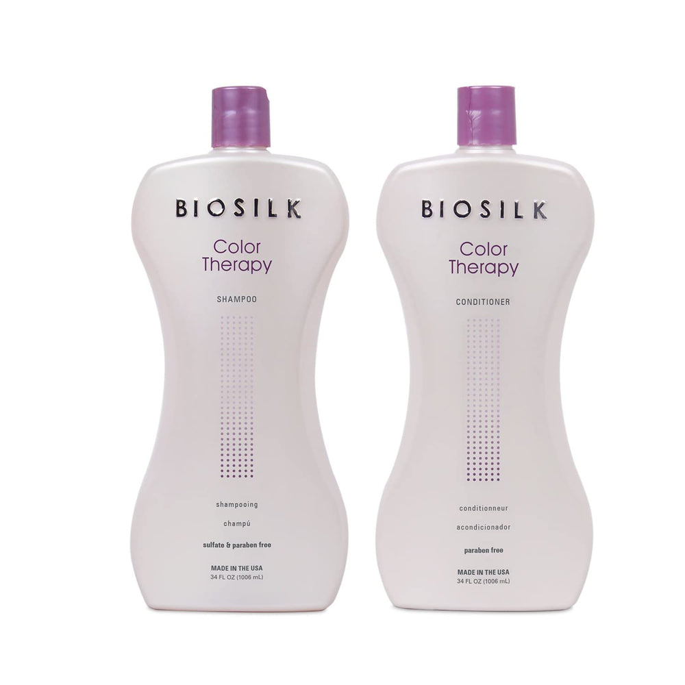 BioSilk Color Therapy Shampoo bottle demonstrates color protection and silky shine.
