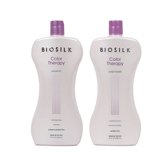 BioSilk Color Therapy Shampoo bottle demonstrates color protection and silky shine.