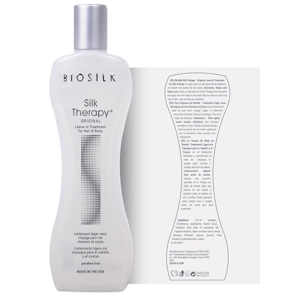 BioSilk Silk Therapy Original texture close-up shows silk-protein finish on hair.