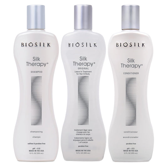 BioSilk Silk Therapy Shampoo bottle shows luxurious shine and clean scalp