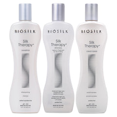 BioSilk Silk Therapy Shampoo bottle shows luxurious shine and clean scalp