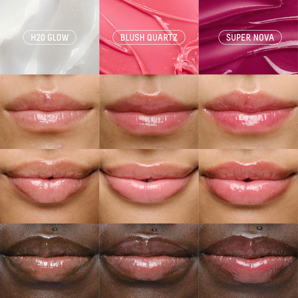 BIOSSANCE Pro-Peptide Lip Perfector gloss on lips reveals a rose-tinted glow.