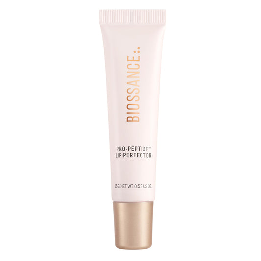 BIOSSANCE Pro-Peptide Lip Perfector tube close-up showing glossy finish and deep hydration.