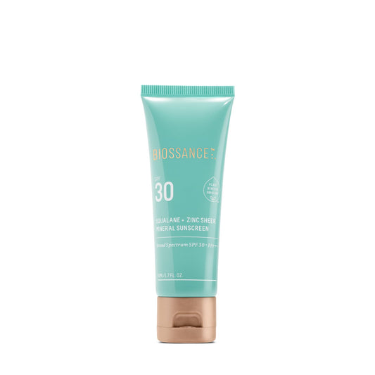 BIOSSANCE Squalane + Zinc sunscreen bottle with SPF 30 and non-greasy finish.