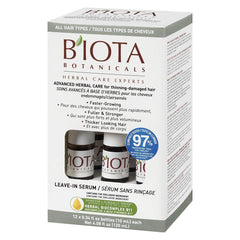Biota Botanicals Advanced Herbal Care Leave-In Serum pump close-up for mess-free routine.