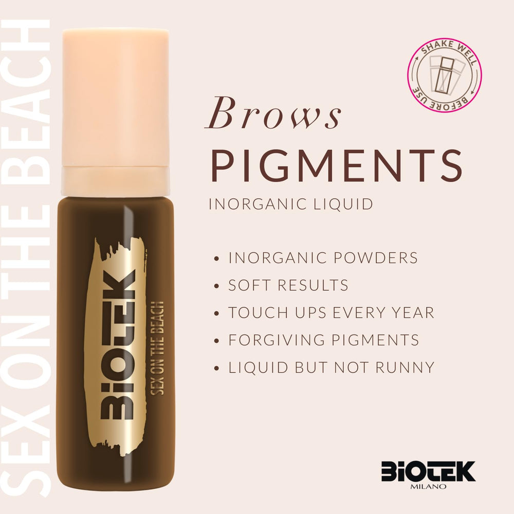Biotek inorganic liquid brow pigment closeup highlights quick uptake and defined shading.