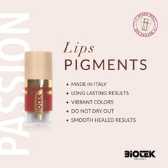 Biotek Passion lip pigment swatch on skin demonstrates vibrant coral red
