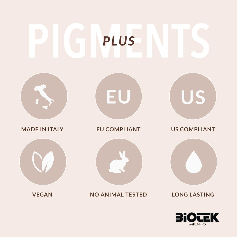 Biotek vegan, Italy-made pigment emphasizes high-quality materials and compliance.