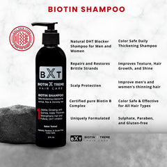 Biotin X Treme Hair shampoo label close-up showing natural ingredients.