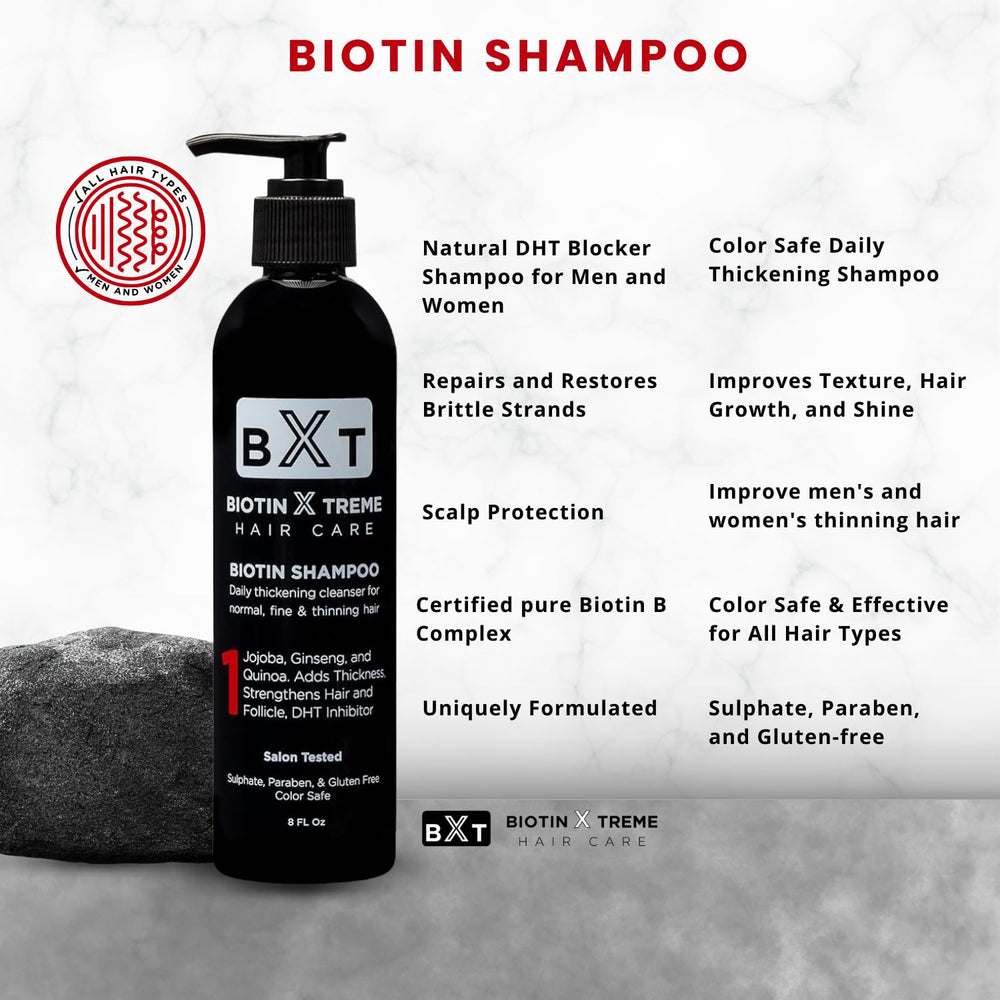 Biotin X Treme Shampoo bottle-back label with ingredients and usage tips.