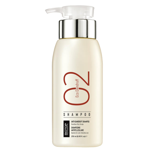 Biotop Professional 02 Eco Dandruff Shampoo bottle with pump promotes scalp hydration.
