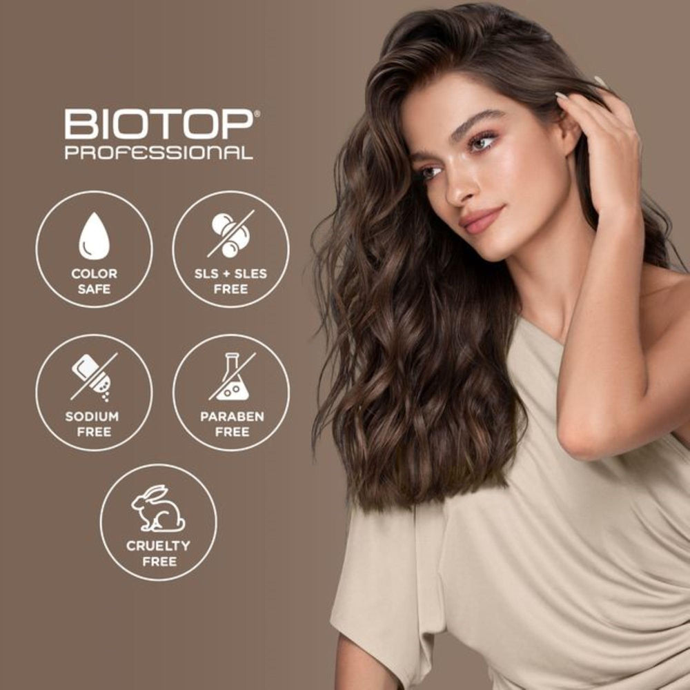 Finished hair with natural shine after Biotop Keratin + Kale Mask use