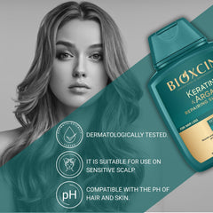 Bioxcin Keratin & Argan Shampoo dry hair styling shot implies frizz control.