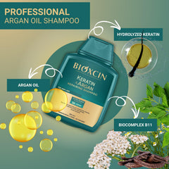 Bioxcin Keratin & Argan Shampoo foam closeup hints at gentle cleansing and lather.