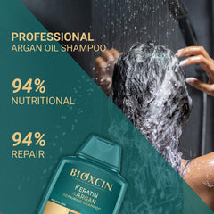 Bioxcin Keratin & Argan Shampoo ingredients panel underscores biotin and keratin benefits.