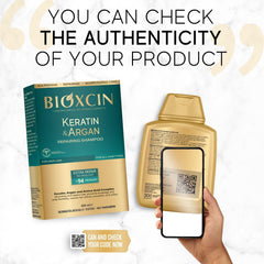 Bioxcin Keratin & Argan Shampoo packaging 3x300ml displays value pack.