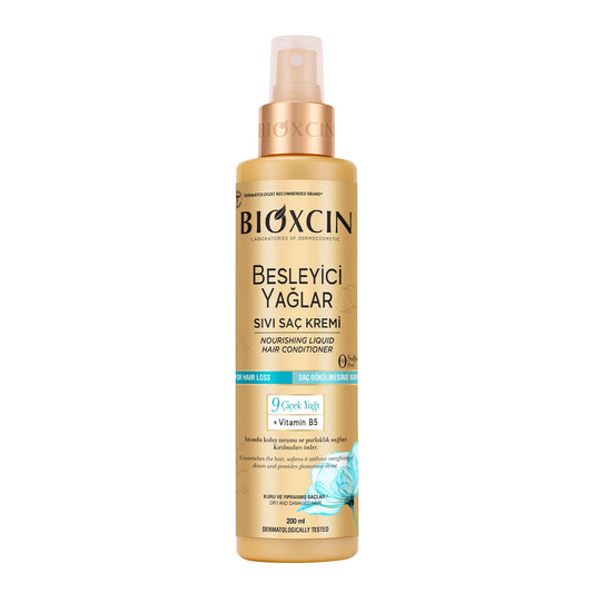 BIOXCIN Nourishing Oils Liquid Conditioner bottle highlighting sulfate-free hydration for dry hair.