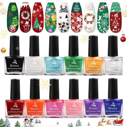 Biutee Nail Stamping Polish 12 colors bottles close-up for vibrant patterns.