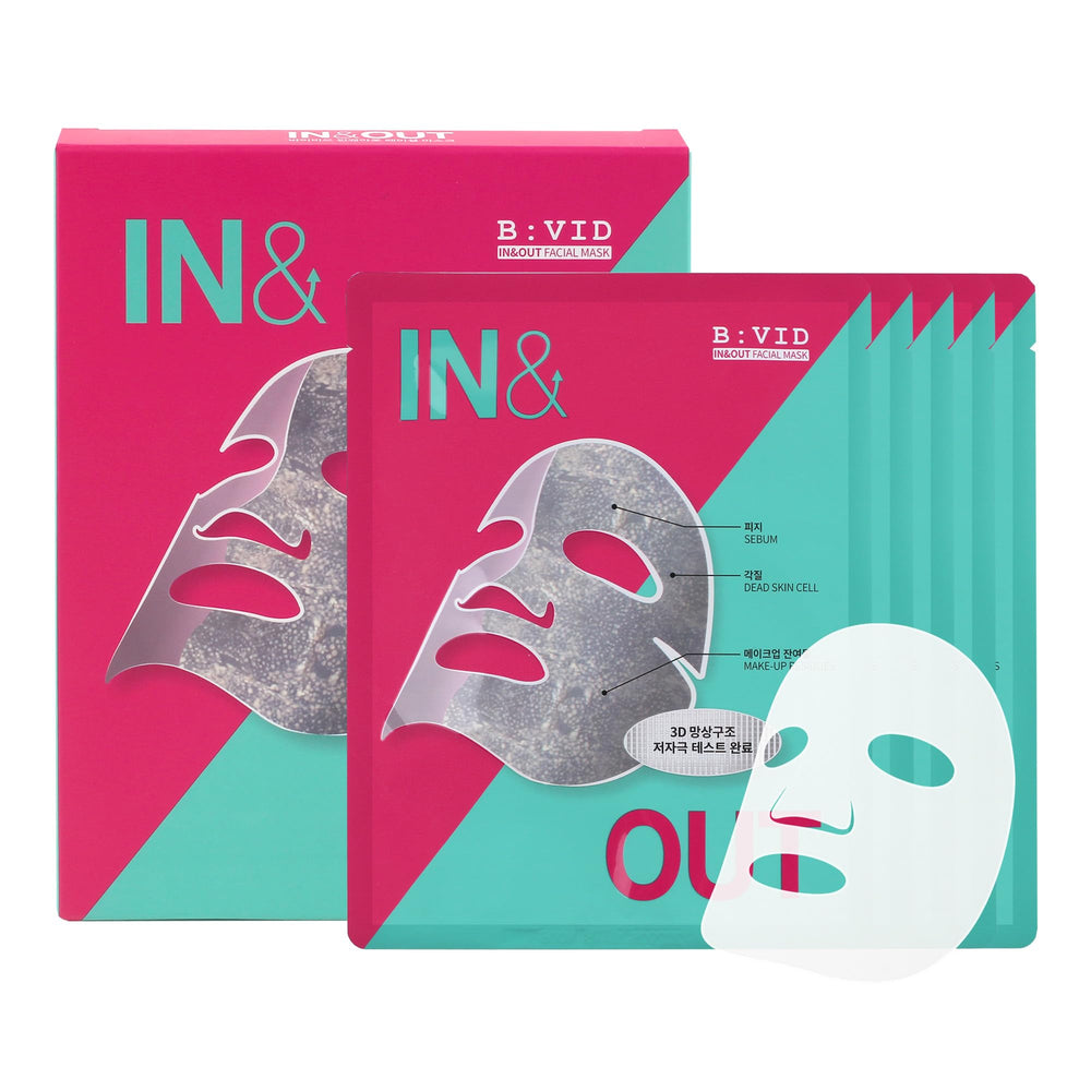B:VID In & Out bio-cellulose mask closeup demonstrates pore care and hydration