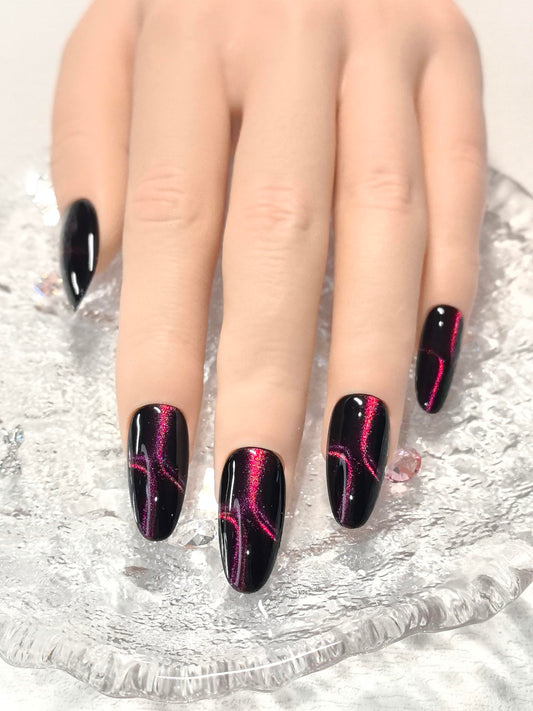 Black Double Pink Cat Eye Nails showcase dual cat eye glow for party glamour.