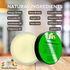 Black Lavish Essentials Shea and Mango Butter ingredients emphasize natural nourishment.