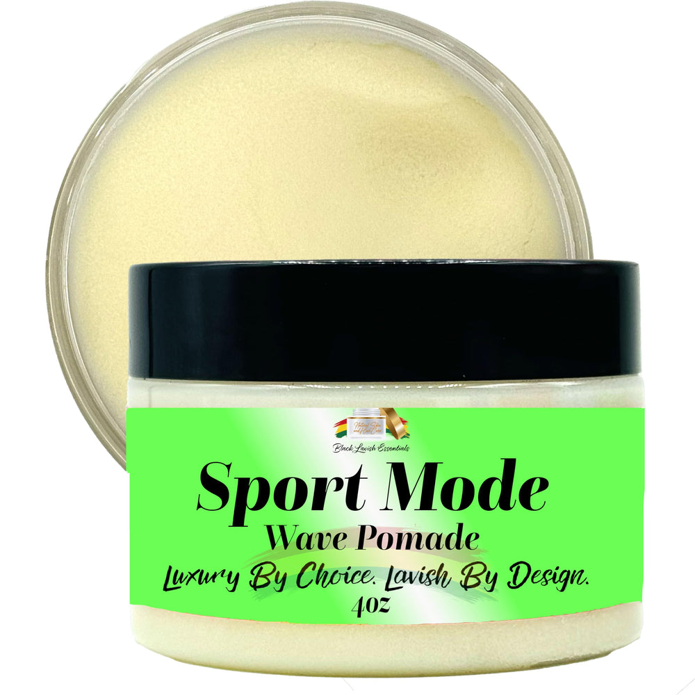Black Lavish Essentials Sport Mode Pomade jar closeup showing rich texture for deep waves.
