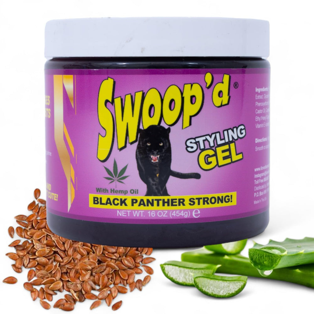Black Panther Strong Swoop'd Styling Gel 16oz bottle for all day hold and quick styling control.