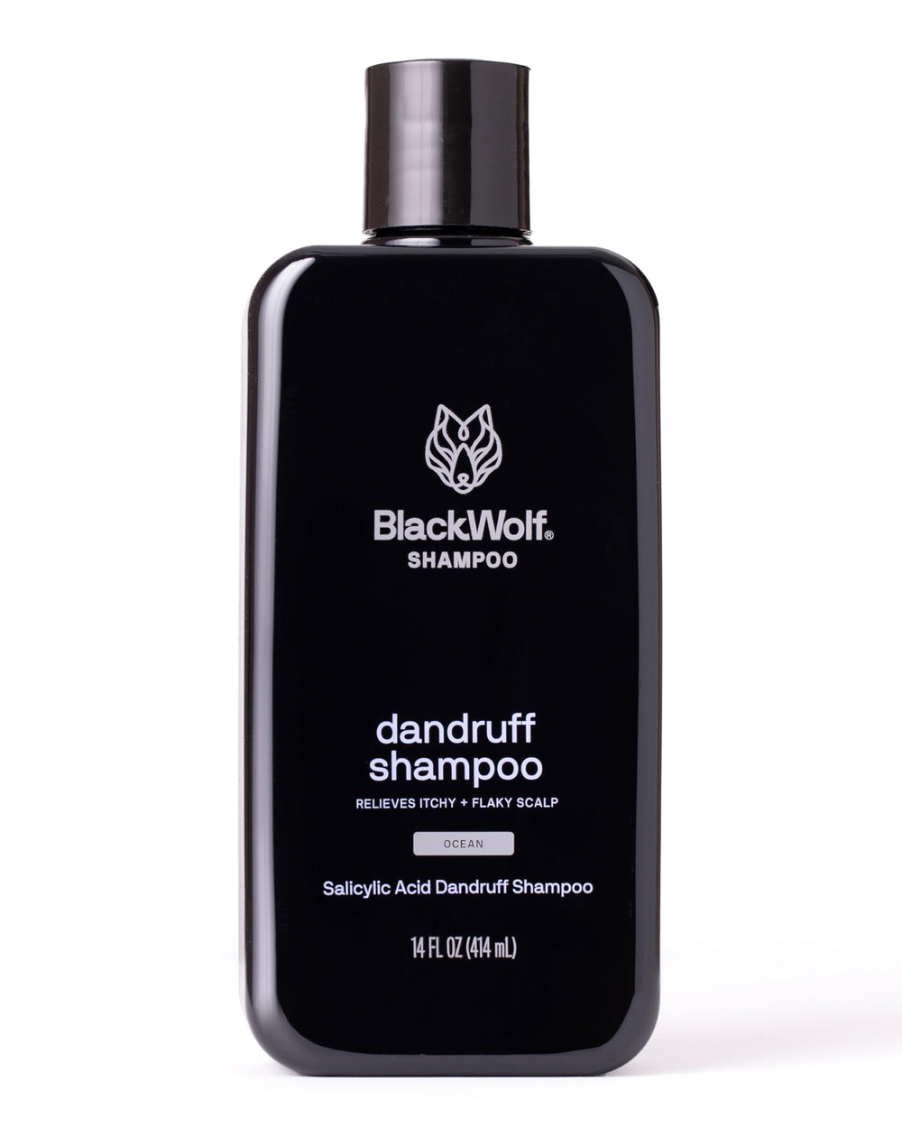Black Wolf anti-dandruff shampoo bottle showing dandruff control potential and clean scalp care.