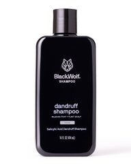 Black Wolf anti-dandruff shampoo bottle showing dandruff control potential and clean scalp care.