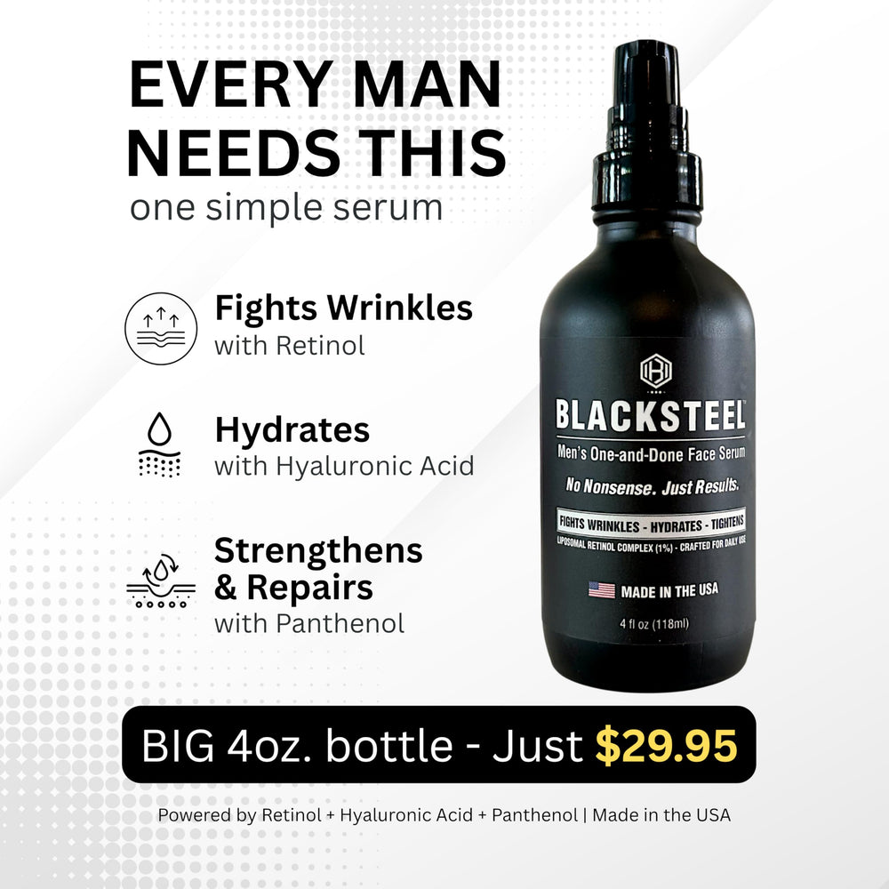 BLACKSTEEL application glide on skin suggests quick, non-greasy absorption.