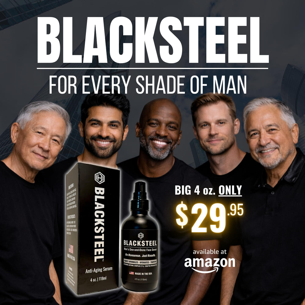 BLACKSTEEL ingredients panel highlights Panthenol and Green Tea for soothing care.
