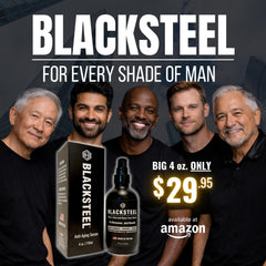 BLACKSTEEL ingredients panel highlights Panthenol and Green Tea for soothing care.