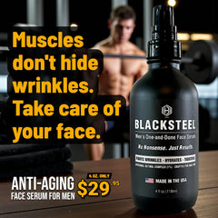 BLACKSTEEL matte black packaging emphasizes performance-focused skincare.
