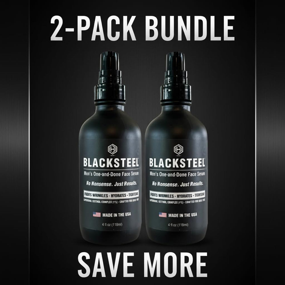 BLACKSTEEL Serum pump close-up highlighting fast-absorbing formula