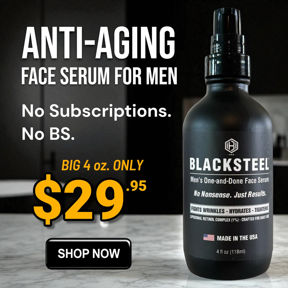 BLACKSTEEL serum texture closeup shows lightweight, non-greasy feel.