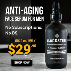 BLACKSTEEL serum texture closeup shows lightweight, non-greasy feel.